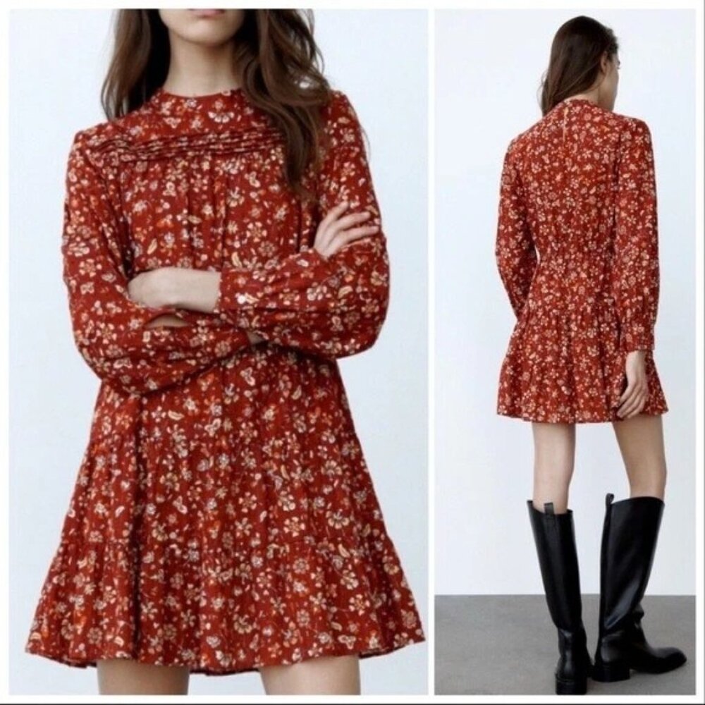 Zara Red Floral Long Sleeve Tiered Mini Dress Womens Size L